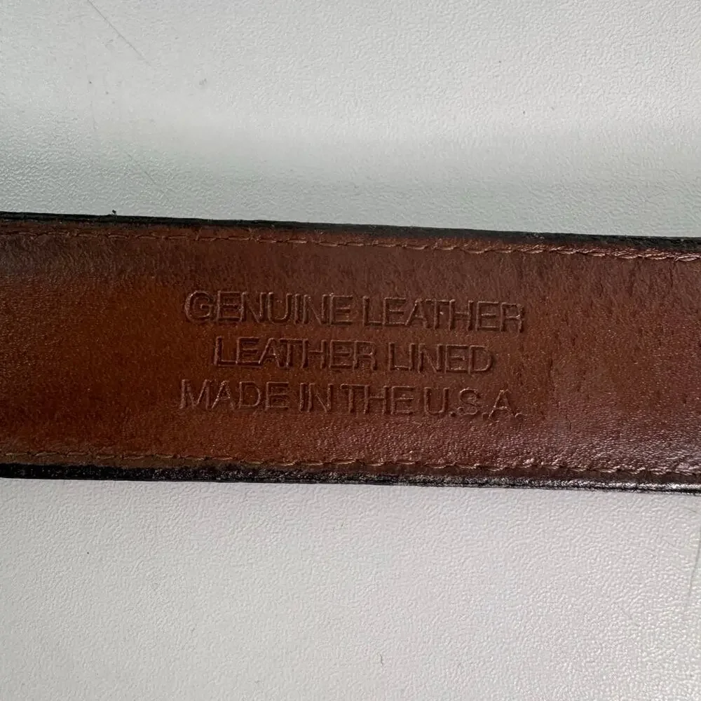 Vintage USA Brown Leather Belt Solid Brass Buckle (38) Flaws